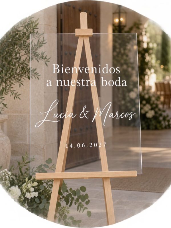 Cartel de bienvenida de metacrilato transparente personalizado para boda