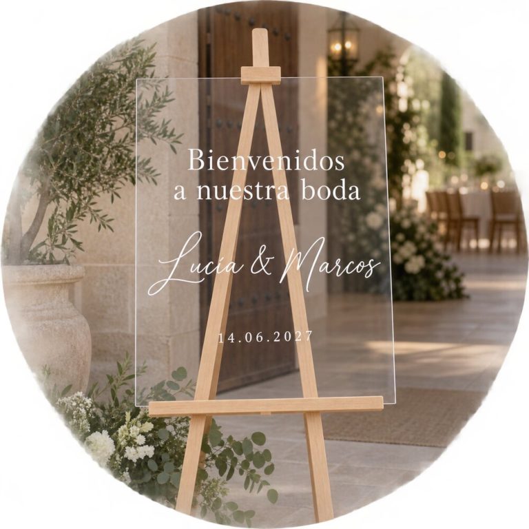 Cartel de bienvenida de metacrilato transparente personalizado para boda