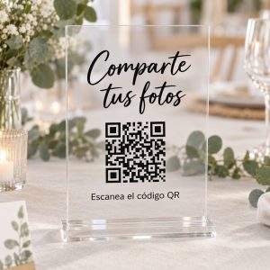 Cartel QR de metacrilato transparente para compartir fotos de boda