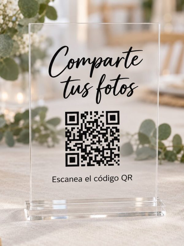 Cartel QR de metacrilato transparente para compartir fotos de boda