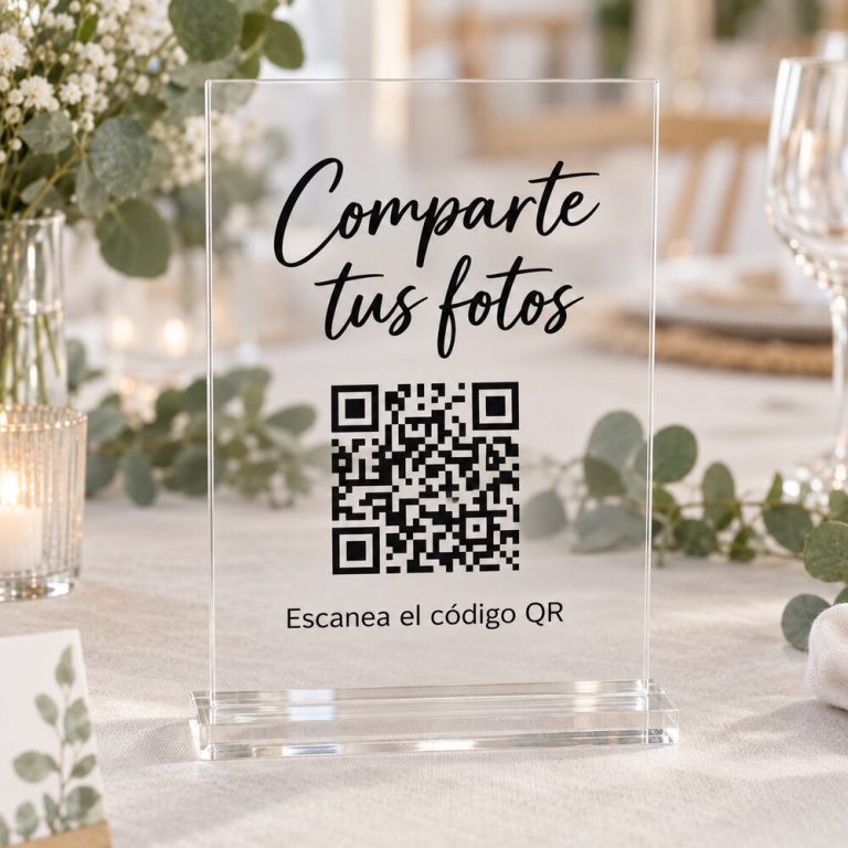 Cartel QR de metacrilato transparente para compartir fotos de boda