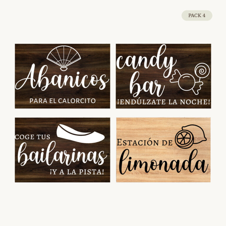 Pack de 4 carteles de madera para rincones de boda