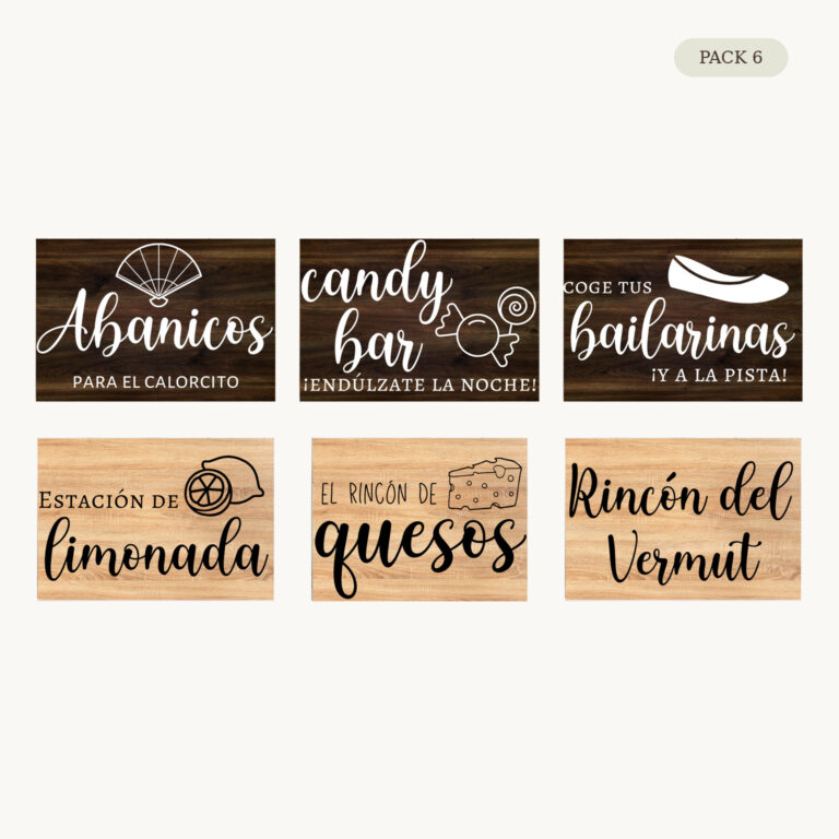 Pack de 6 carteles de madera para rincones de boda