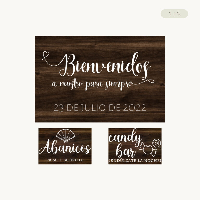 Pack de cartel de bienvenida y 2 carteles para rincones de boda