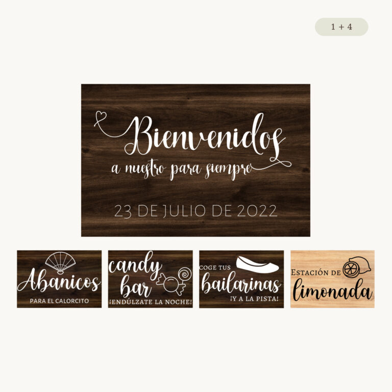Pack completo de cartelería de boda con bienvenida y 4 carteles de rincón