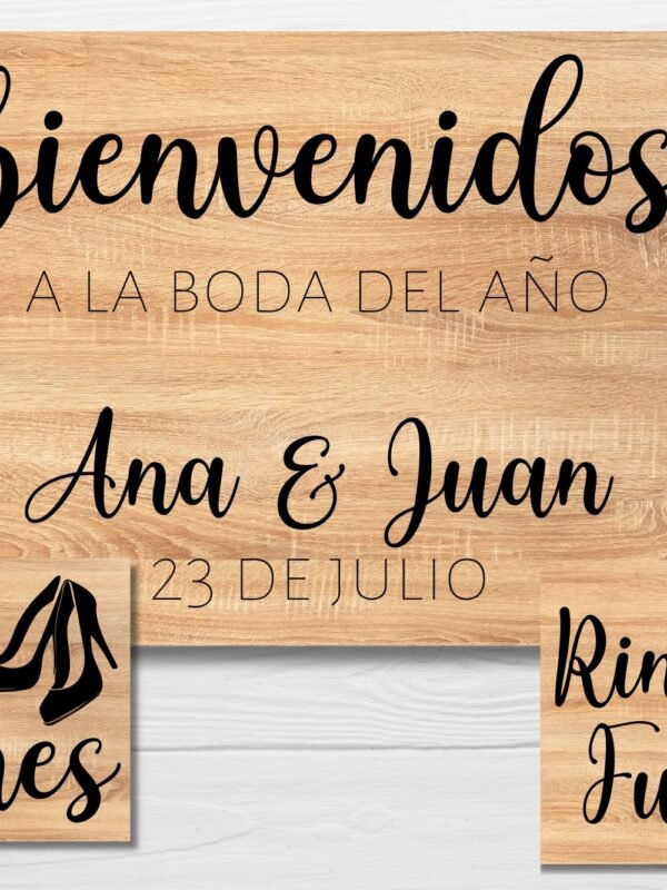 Pack de bienvenida y dos carteles de rincón para boda, sobre madera clara