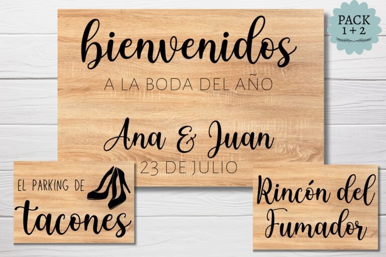 Pack de bienvenida y dos carteles de rincón para boda, sobre madera clara