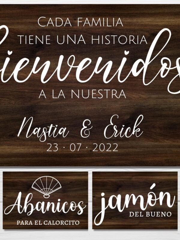 Pack completo de bienvenida y cuatro carteles de rincón para boda, sobre madera oscura