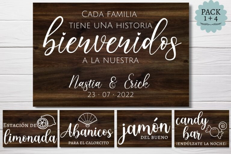 Pack completo de bienvenida y cuatro carteles de rincón para boda, sobre madera oscura