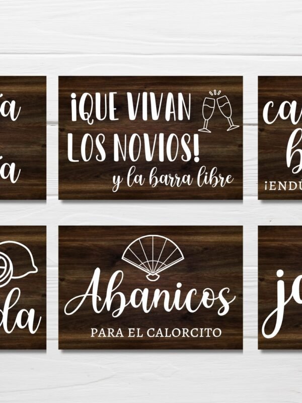 Pack de 6 carteles de rincón para boda con seis diseños sobre madera oscura