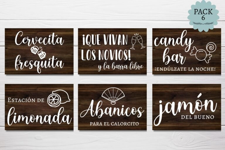 Pack de 6 carteles de rincón para boda con seis diseños sobre madera oscura