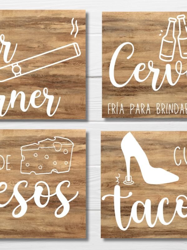Pack de 4 carteles de rincón para boda, con cuatro diseños sobre madera clara