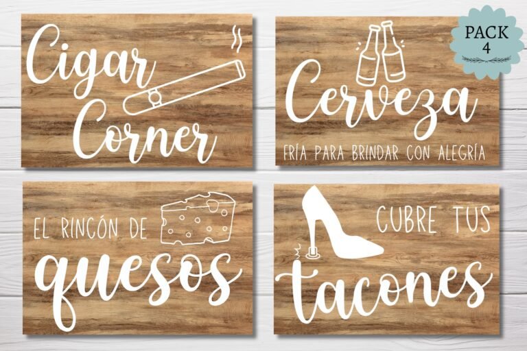 Pack de 4 carteles de rincón para boda, con cuatro diseños sobre madera clara